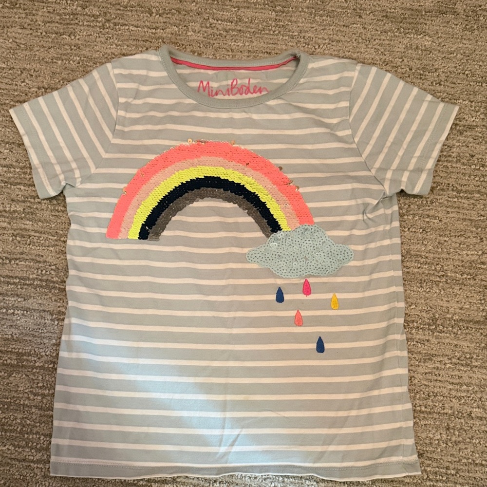 Mini Boden Light Blue & White Stripe Tee with Sequin Rainbow
